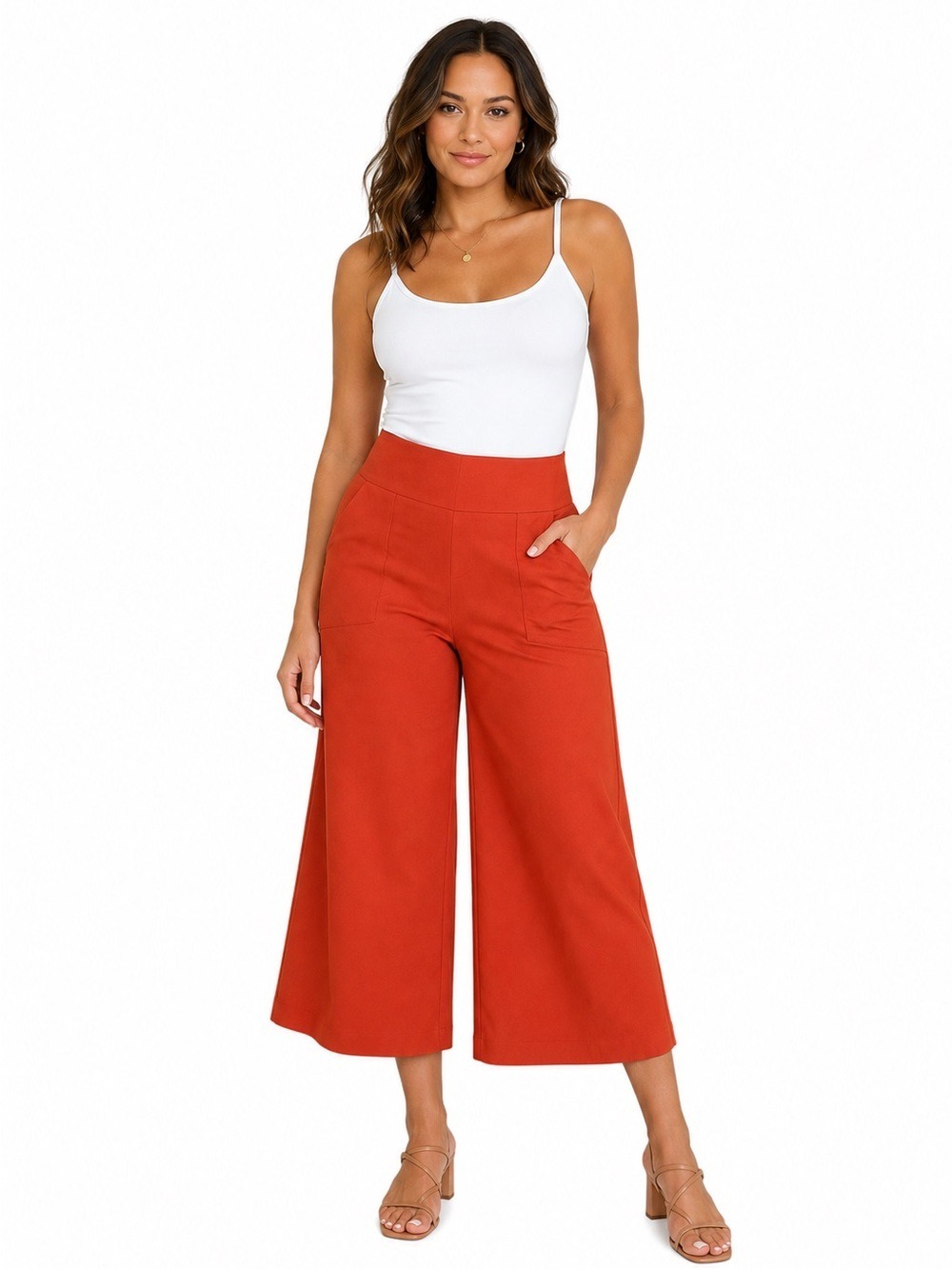 Hayden Wide-Leg Capris Pants in Rust Orange-red